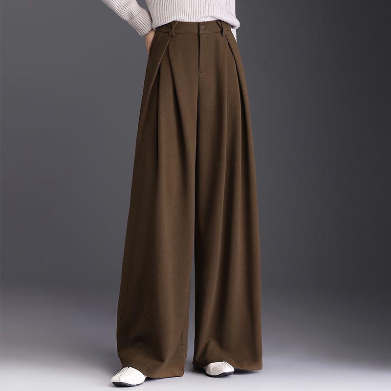 Women's High-Waist Woolen Wide-Leg Winter Pants with Pockets – Slimming, Non-Iron, Casual, Thickened Design for Mothers