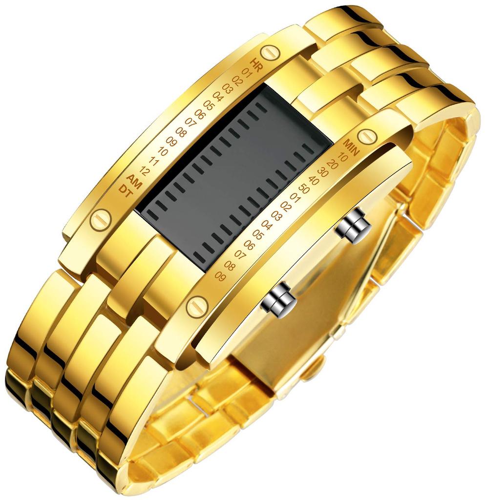 FANMIS Creative Binary Matrix Blue LED Digital Watch Fashion Classic Black Plated Waterproof LED Backlit Bracelet Men's Watch, Gold, Digital.