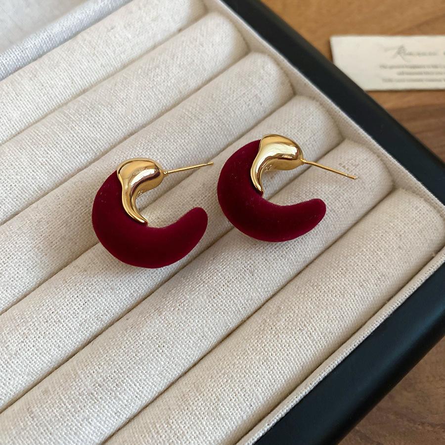 Retro Hong Kong Style Red Flocking Geometric Round Earrings Earrings Fashion Personality Temperament Earrings Women