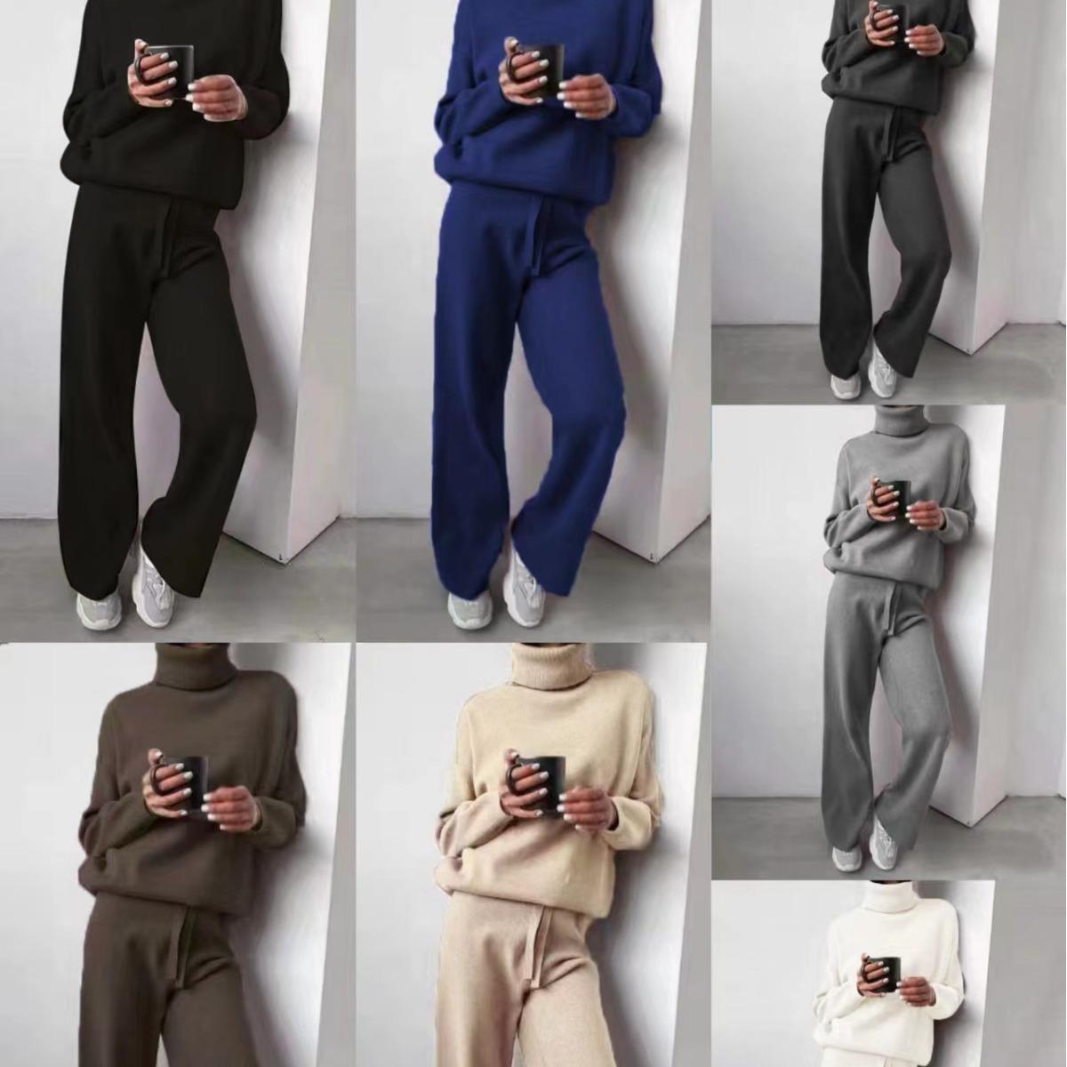

European & American High Neck Solid Color Patchwork Knitted Two-Piece Fashion Set 4XL чорний колір сірий