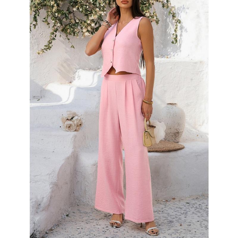Casual Vacation Solid Color Vest Wide-leg Trousers Set