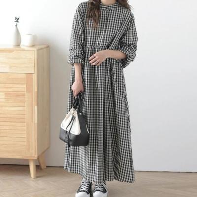 Vestido Feminino Manga Longa Listrado Pequeno Fresco Abotoamento Simples Solto Gola Redonda Acima do Joelho Início de Outono