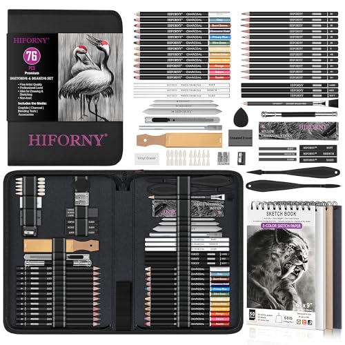 

HIFORNY 76-Piece Drawing Set, Sketch Kit with Graphite, Charcoal, Blending Tools & Accessories, and Portable Zippered Travel Case for Artists & Beginn