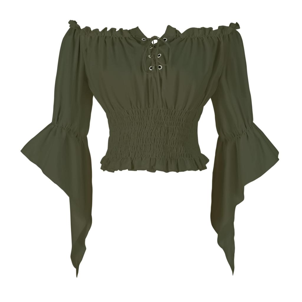 Women Vintage Off Shoulder Blouse Tie Front Mid Sleeve Casual Top Elastic Waist Ruffle Hem Shirt