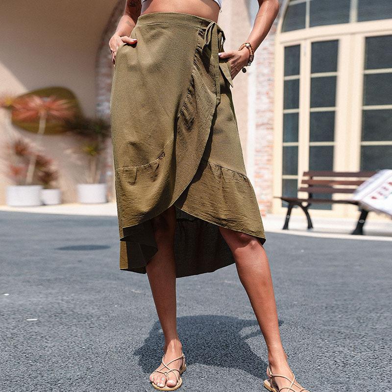 Letní dámská sukně volánová jednobarevná pohodlná ležérní nepravidelná halterová sukně