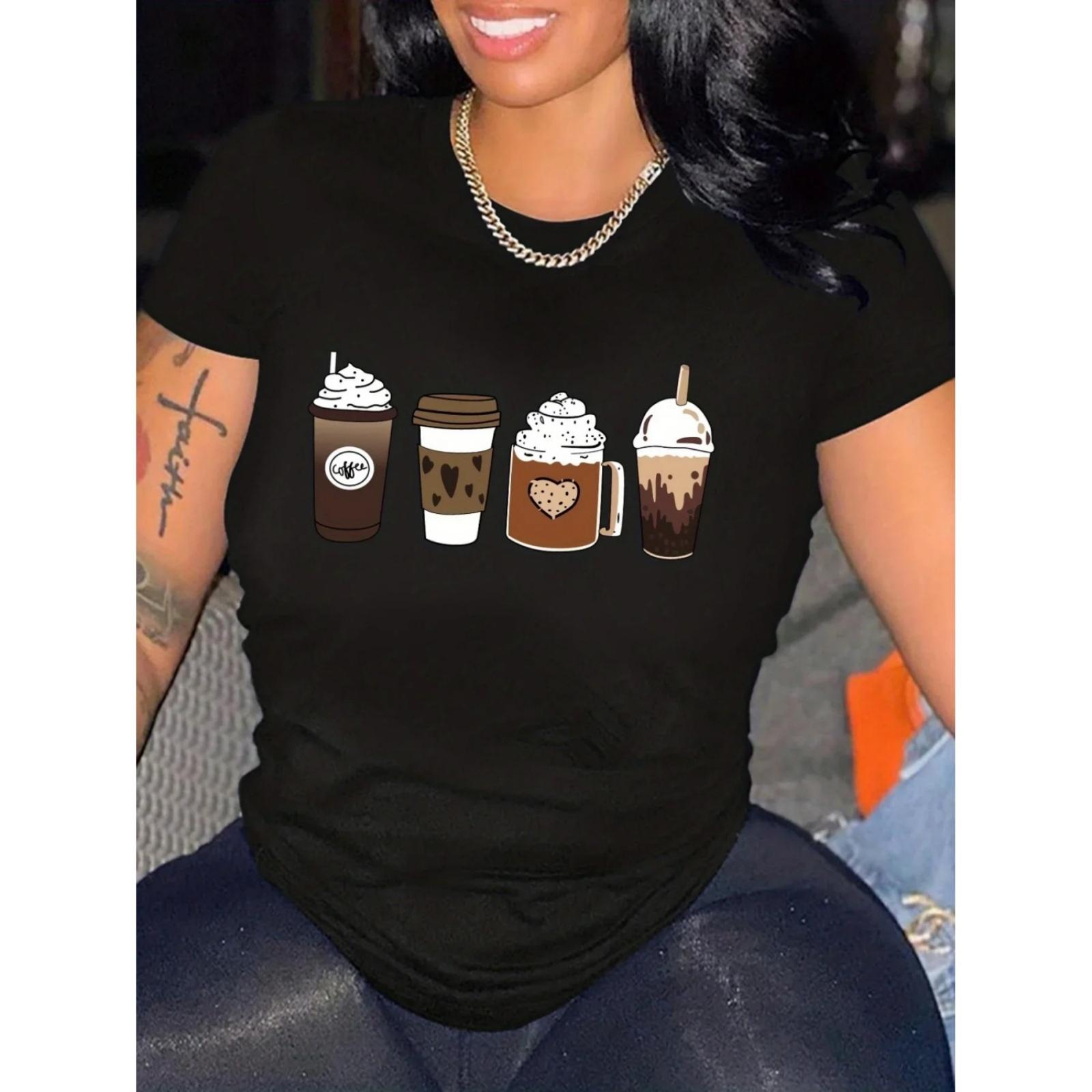 

Cartoon Casual T-shirt, Women s Plus Creative Coffee Print Sleeve Neck T-shirt XXXXXL різнокольоровий