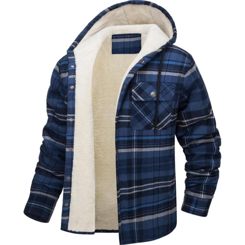 

Men s autumn and winter Printed Plaid Fleece-Lined Jacket with Long Sleeves and Hood M