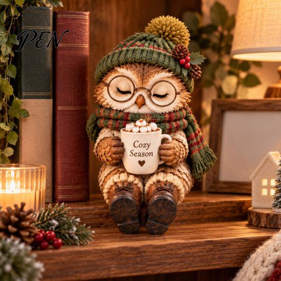 Layered Knit Texture Statues Christmas Animal Shelf Sitter Figurine, Woodland Statue with Mug, Dangling Leg Charming Seasonal Home Accessories Mantel