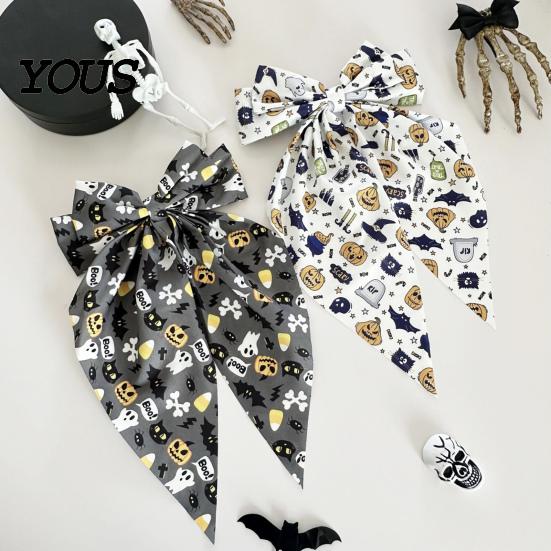 Bat Theme Hair Decoration Halloween Silky Satin Bows, Big Ribbon Bow Clips, Oversized Funny Holiday Clip Long Tail Barrettes, Cute Accessories