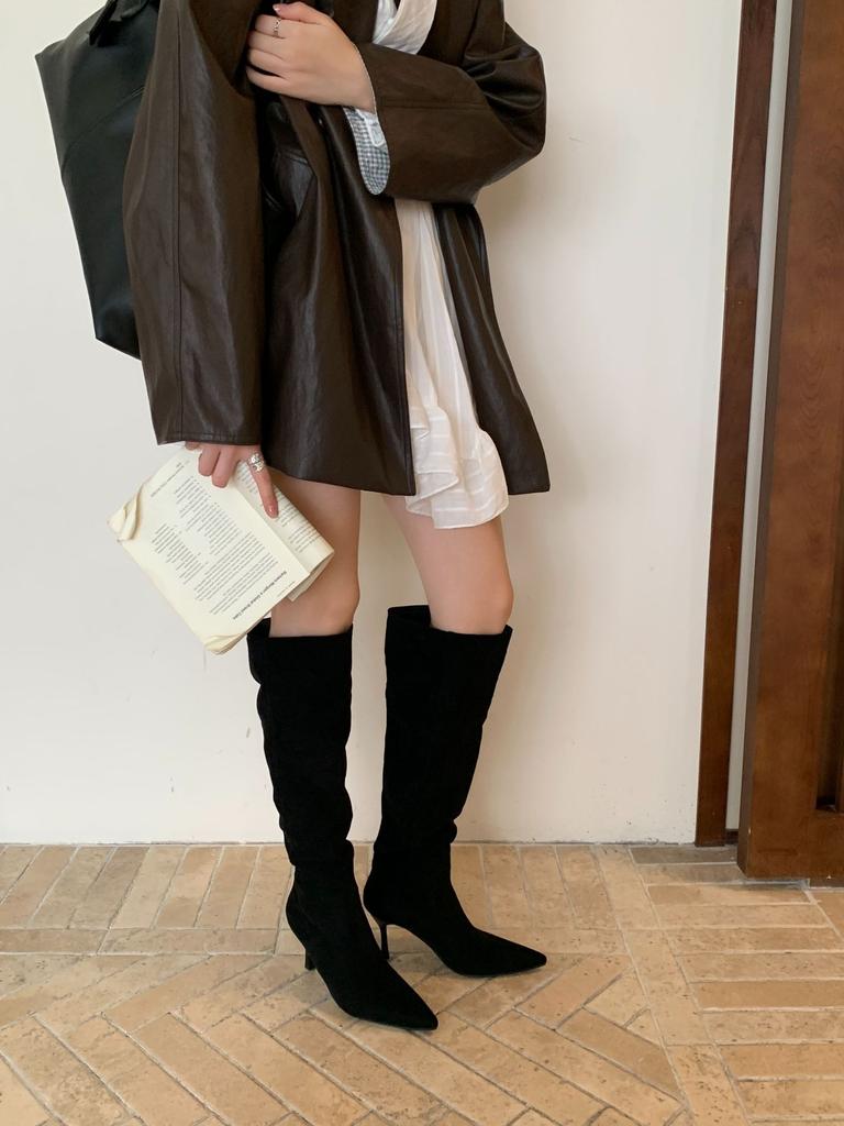 Pointed high-heeled over-the-knee boots women's 2025 new autumn French khaki fine-heeled pleated stacked boots knight boots