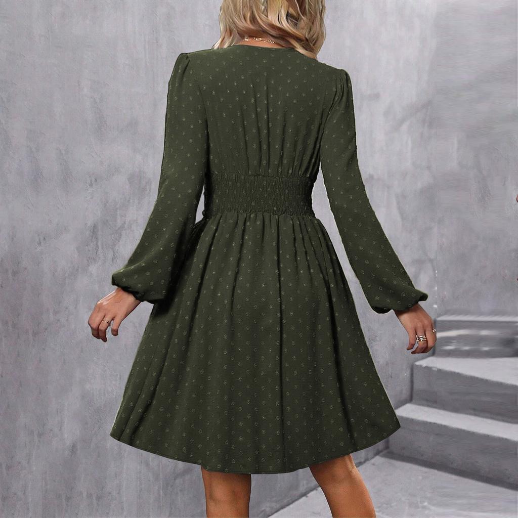 Women's Fashionable Solid Color V Neck Long Sleeved Pleated Versatile Dress