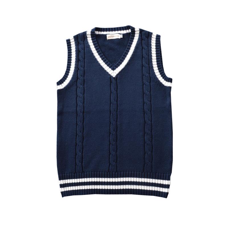 In-Stock Academy British Style JK Unisex Cable Knit V-Neck Color Block Sweater Vest