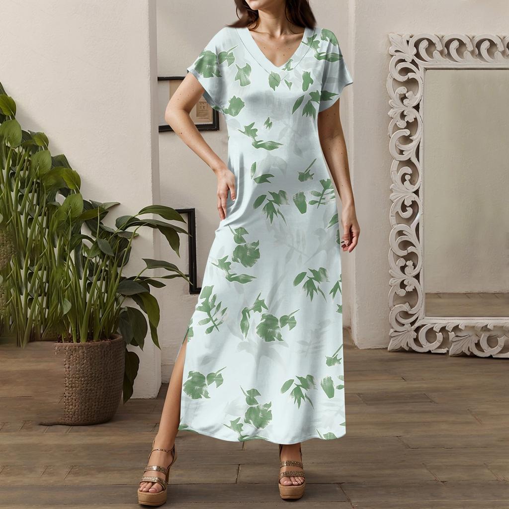 Women Summer Floral Dress Short Sleeve Beach Dress With Pockets Casual V-Neck Split Long T-Shirt Dress Travel Vacation