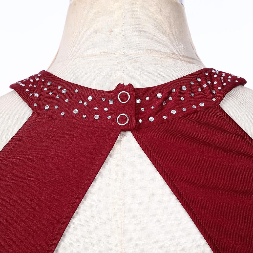 Womens Glittery Rhinestone Figure Skating Costume Ruched Mesh Patchwork Backless Sleeveless Performance Dress