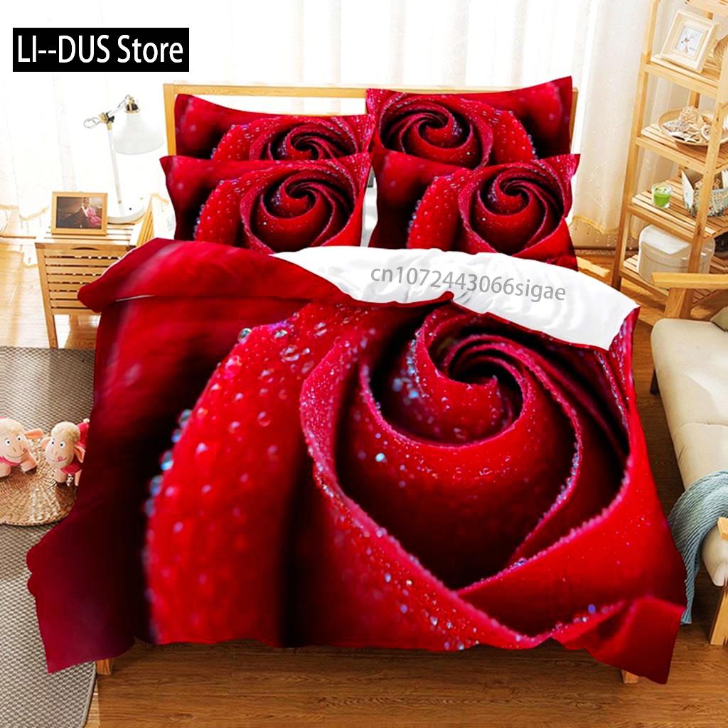 Red Rose Duvet Cover Comforter Pillow Case King Queen Size Flower Theme Valentine's Day Present For Women Room Decorations Gifts