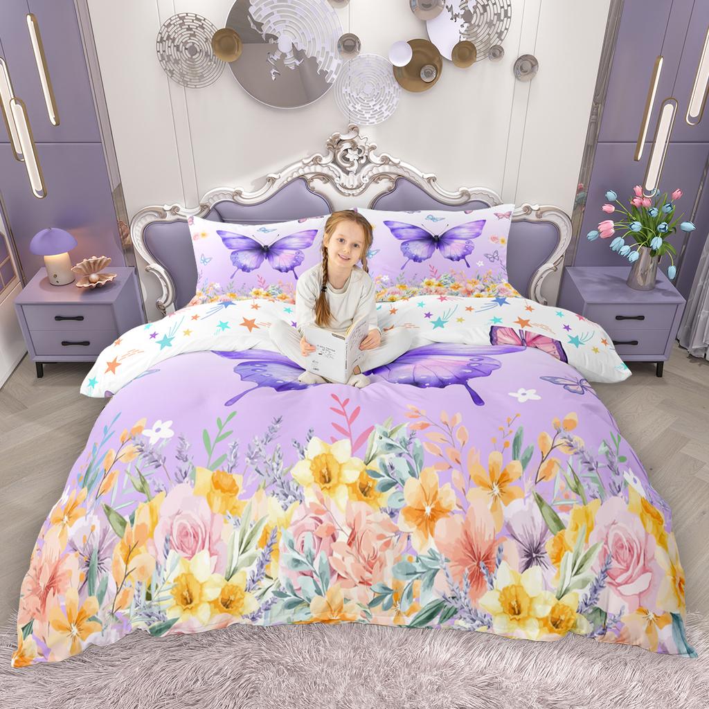 Homewish Chic Butterfly Duvet Cover Set For Girls Spring Garden Flower Quilt Cover Set Wild Animal Floral Bedding Set