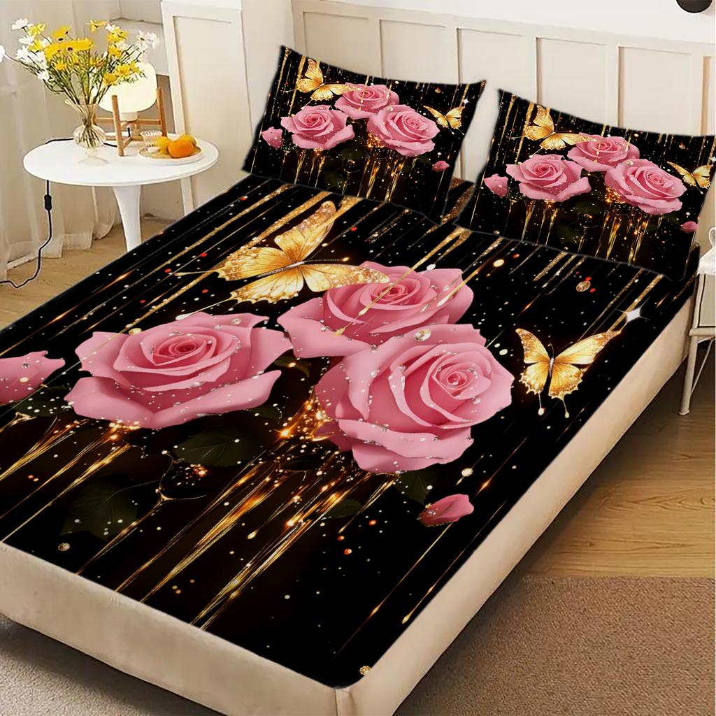 Purple Rose And Butterfly Print Fitted Sheet Set Black With Gold Accents Bedding Set With Pillowcases For Bedroom Decor
