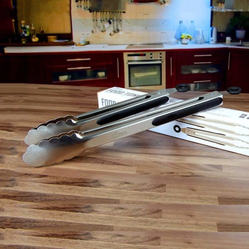 Hotec Stainless Steel Kitchen Tongs, Set of 2, for Grilling and BBQ, Heat-Resistant, Antibacterial, with Stand and Locking Design for Easy Storage