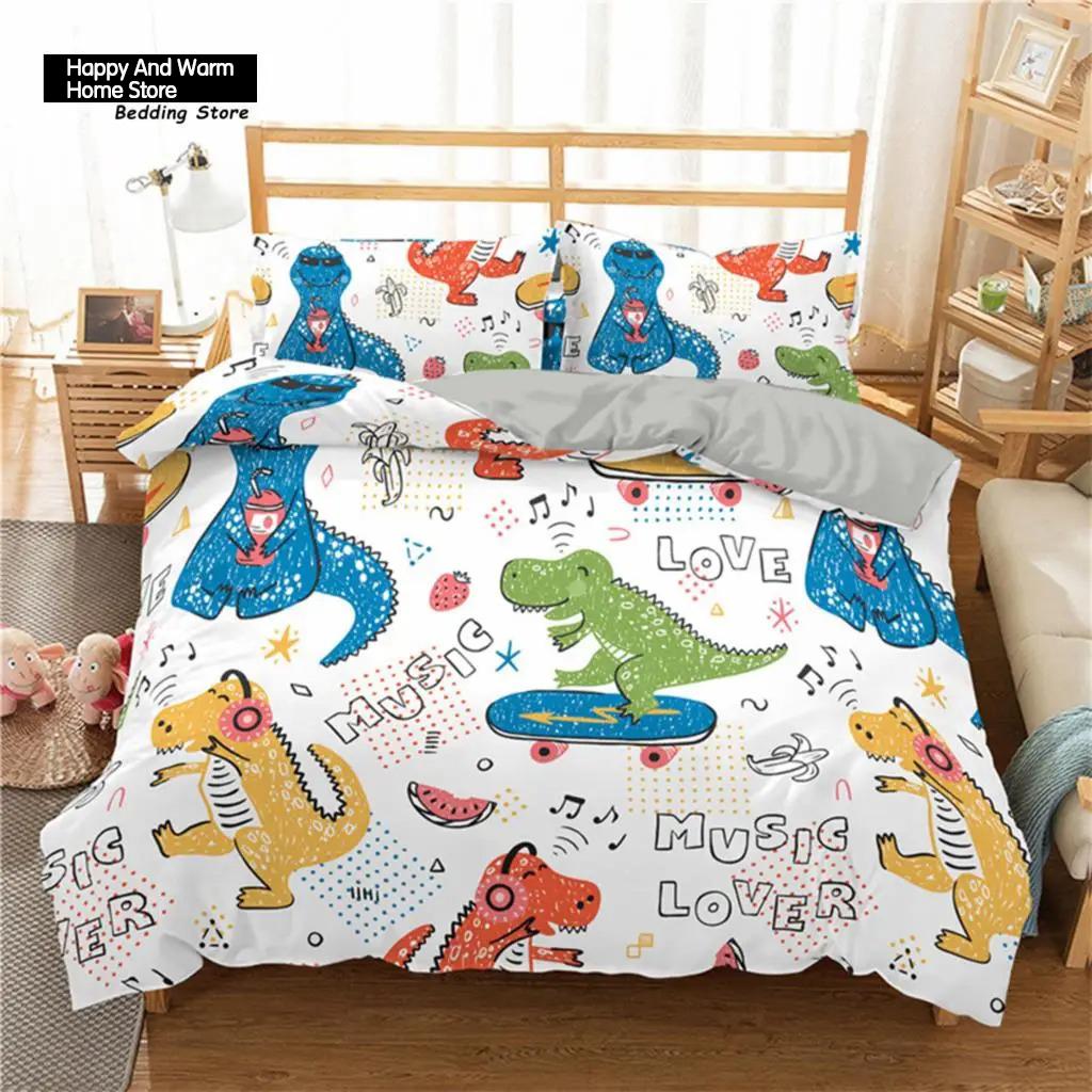 Cartoon Dinosaur Toddler Bedding Set Cartoon Animals Duvet Cover Microfiber Quilt Cover With Pillowcases For Boys Girl Teen