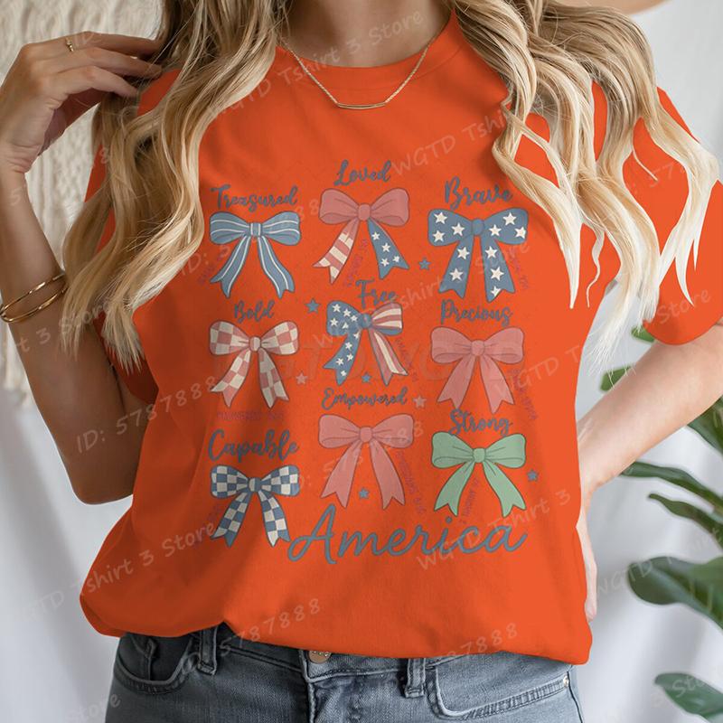4th Of July Bows America Print Tshirt For Women Summer Casual Tshirts Short Sleeve Tops July 4th Gifts Independence Day Tshirt