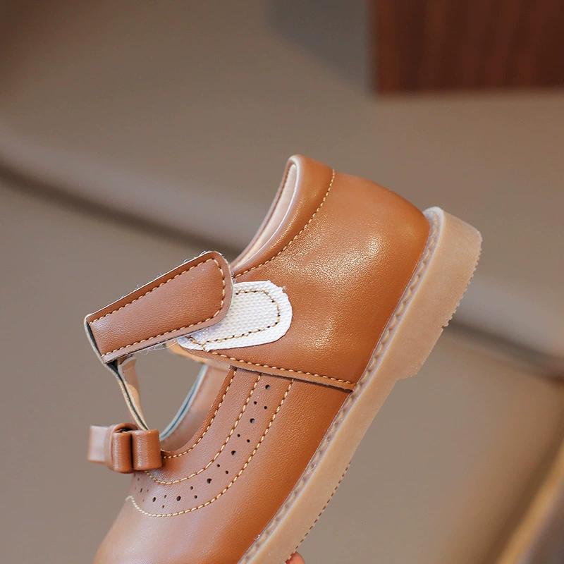 Girls Solid Color Design PU Leather Shoes Middle and Small Children Low Top Bow College Style Single Shoes