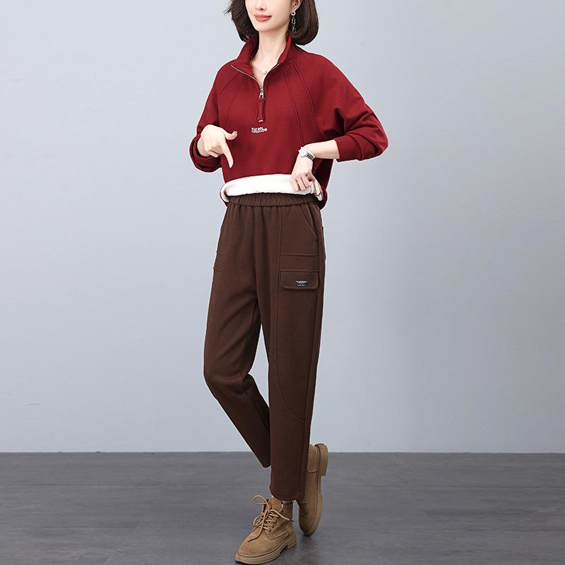 Women's Fleece-Lined Thick Sweatshirt Tracksuit: Autumn/Winter 2024 Collection for 40-Year-Olds - Casual Two-Piece Set