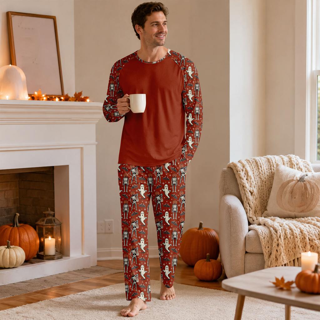 Herren Halloween Pyjama-Set mit langärmeligem Oberteil und langer Hose, lässig, bequem, Nachtwäsche