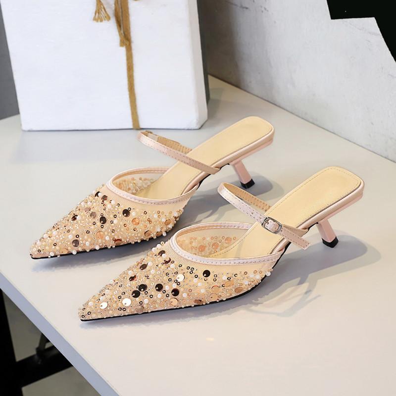 Fashion Fashion Pearls Sequined Rhinestones Women Pumps Summer Air Mesh Thin High Heels Mules Slides Elegant Slingbacks Party Lady Shoes