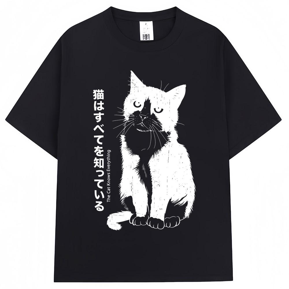 Japanese Style Funny Black Kawaii Cat Anime T Shirts Men Women Trendy Vintage Harajuku Tshirt Oversized Cotton Tees Streetwear