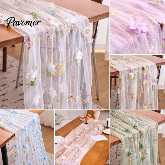 Bridal Shower Table Overlay Lace Embroidery Floral Tablecloth, 3D Flower Tulle Sheer Cover, Seasonal Wrinkle Resistant Tablecloth Colorful Cloth