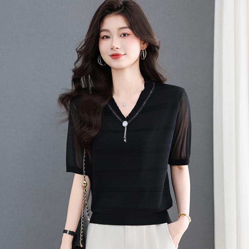 Women's Summer V-Neck Mesh Sleeve Knit Top