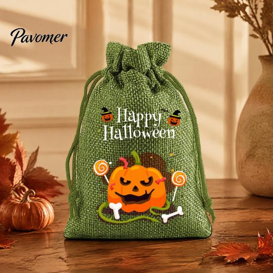 Trick or Treat Party Souvenirs 2Pcs Halloween Pumpkin Drawstring Bags for Candy Treats, Retro Burlap Rustic Linen Goodie Bags, Portable Kids