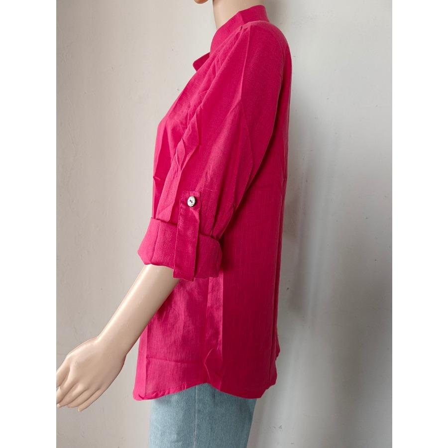 Frühling Herbst Frauen Einfarbig Baumwolle Leinen Roll-Up Langarm Hemd Drehen Unten Kragen Lose Oversize Tops