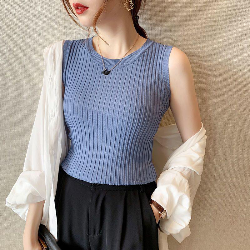 2025 Women's Versatile Ice Silk Spaghetti Strap Tank Top Sleeveless Crew Neck Undershirt