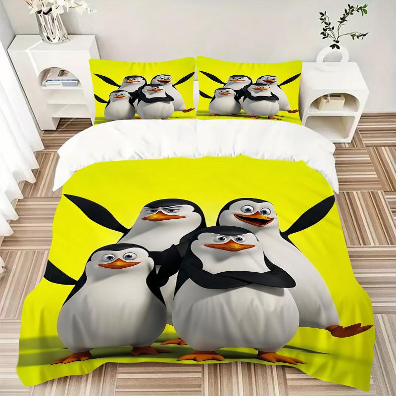3Pcs Penguin Parade Party Bedding Set Soft Fabric Duvet Cover Pillowcases Home Christmas Xmas Halloween Gift 1 Duvet Cover 2 Pillowcase G1233