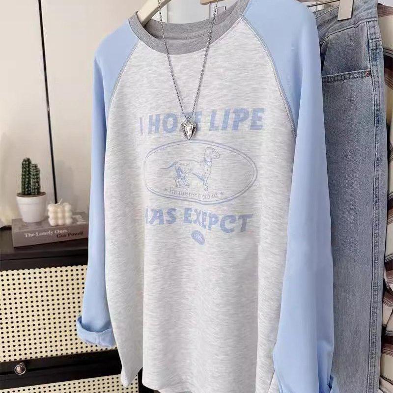 

Women s Contrast Color Loose and Versatile Drop Shoulder Pullover Round Neck Letter Fashion Bottoming Long Sleeve T-Shirt Top 4XL синій