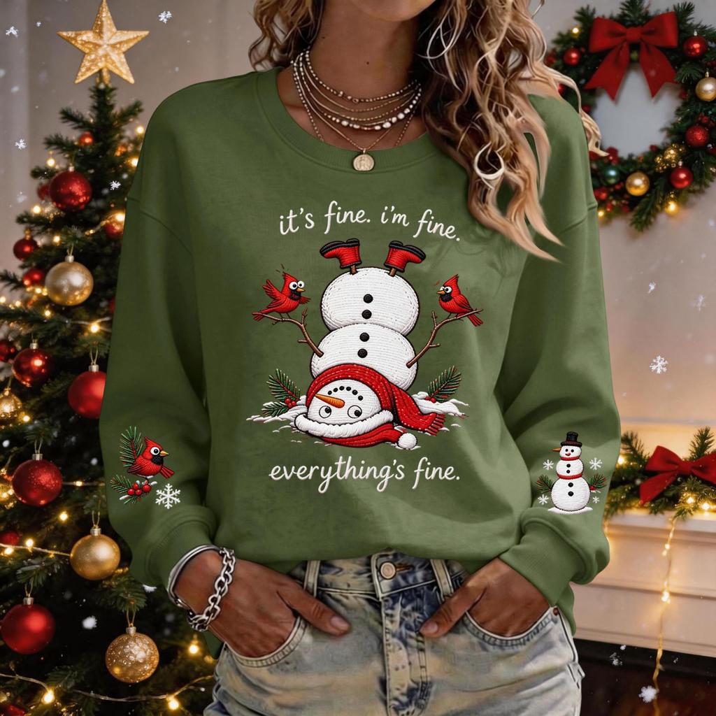 Women's Casual Christmas Print Long Sleeve Neck Pullover Top for Holiday Parties
