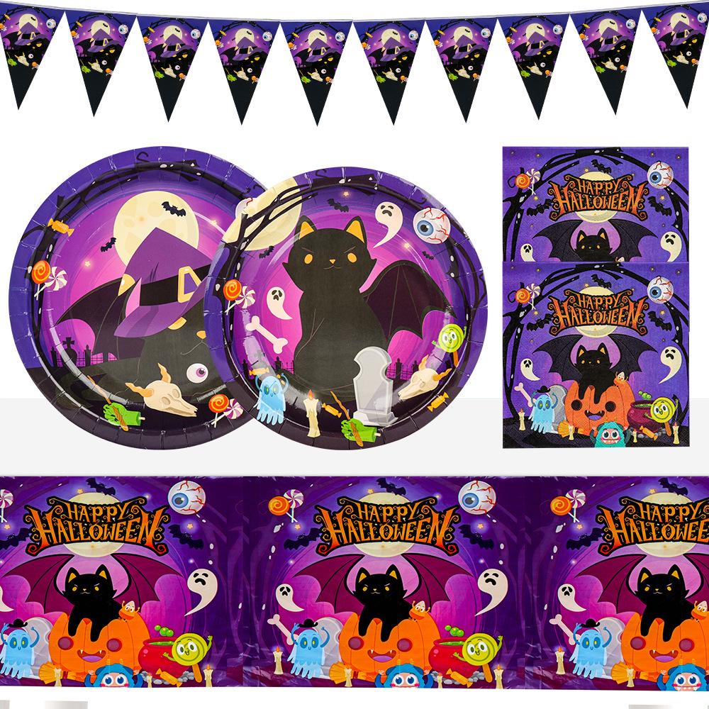 Halloween Party Tablecloth Black Cat Pumpkin Purple Bat Scary Kids Disposable Tableware