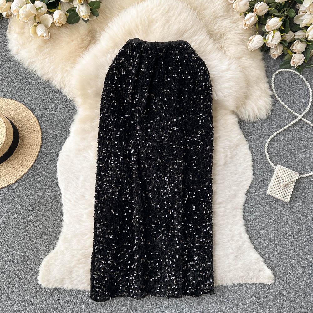 Špičkový Niche Design Flitry Sukně s vysokým pasem Dámské Podzimní Francouzské Retro Mididélka Obepínající boky Šaty