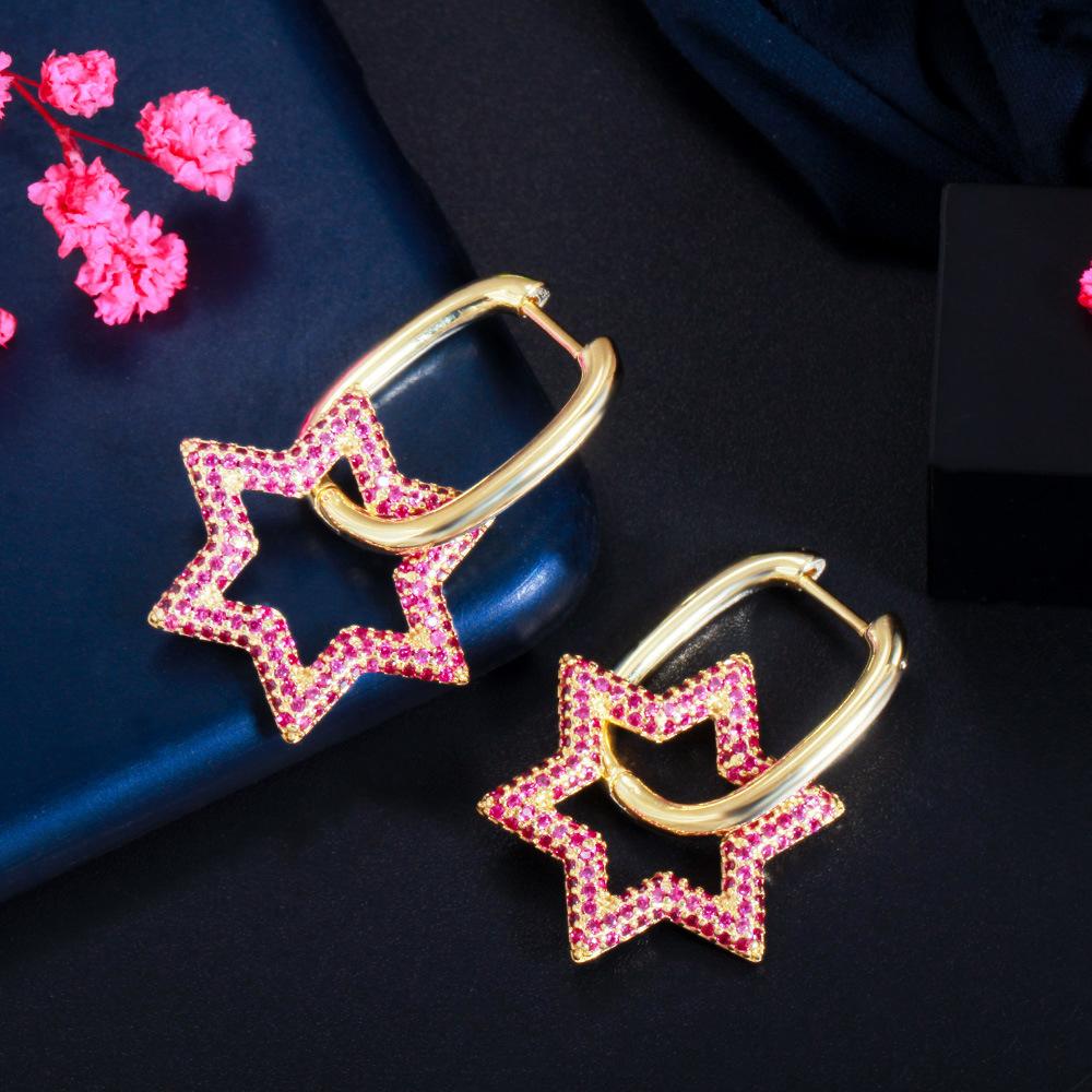 Hip Hop Ladies Heart Earrings Color Zircon Creative Pentagram Ear Buckle Earrings