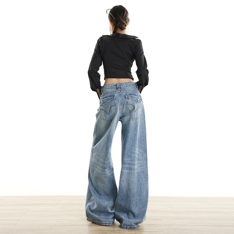 Women's Retro Wide-Leg Jeans: American Design, HK Style, Loose Straight-Leg, Floor-Length