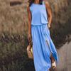 round-Neck Sleeveless Split Dress Loose Solid Color Round Neck Sleeveless Fork Dress