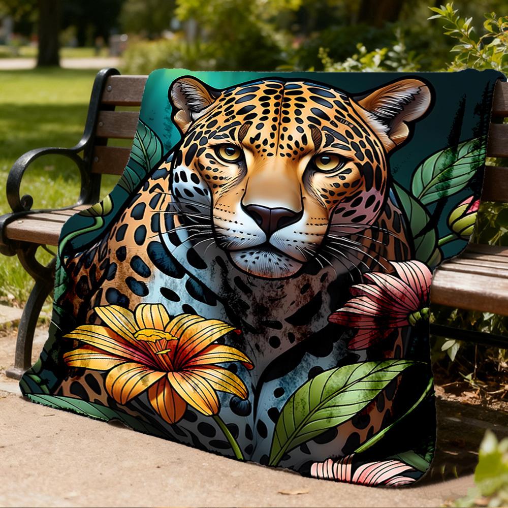1pc Leopard Floral Print Throw Blanket Polyester Fiber, Lightweight Flannel, Soft & Warm, All Season Use for Outdoor, Camping Digital Print
