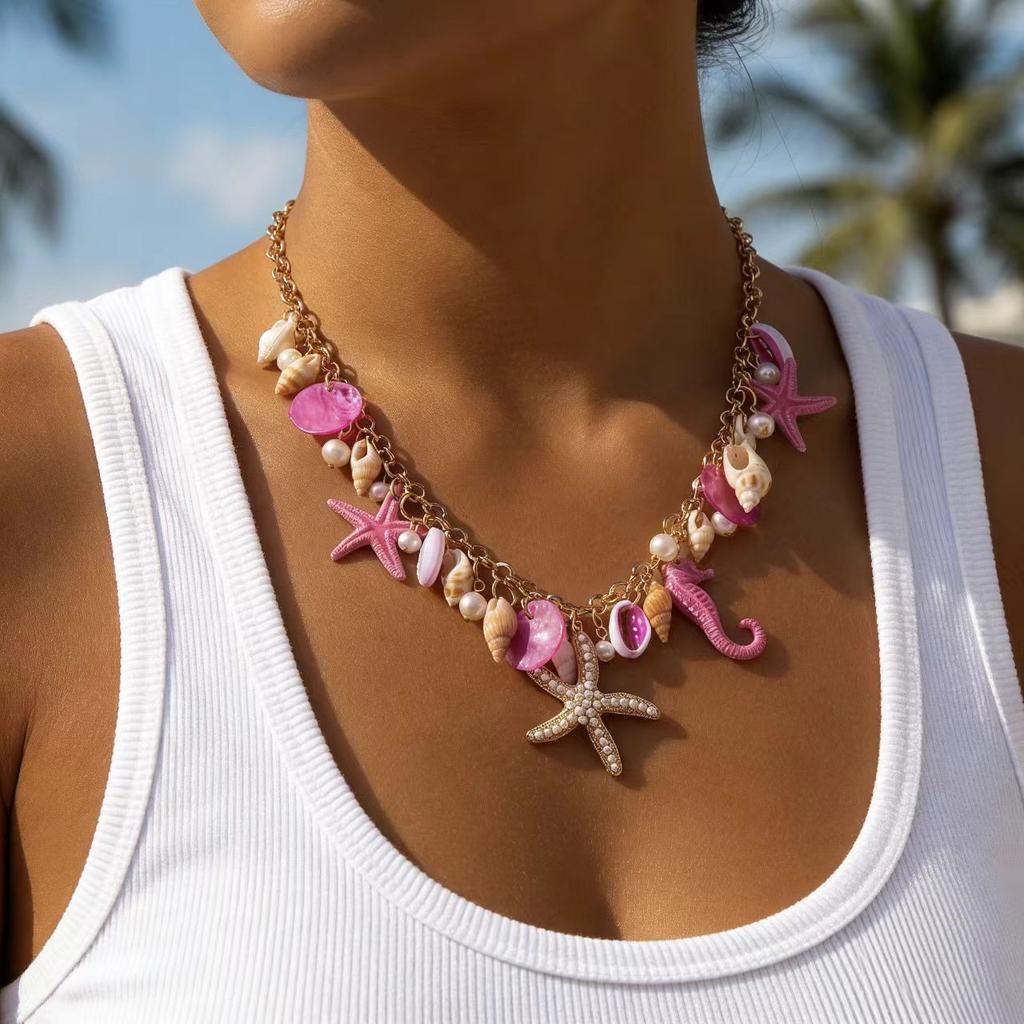 Bohemian Starfish Conch Seahorse Shell Multi-pendant Necklace for Women Summer Beach Vacation Exaggerated Collar Chain Jewelry