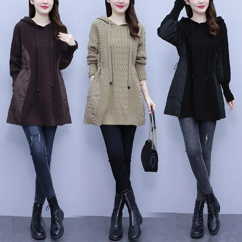 Damen Herbst/Winter Splicing Strickpullover Design Locker Kapuzen Winterparka Mantel Damen