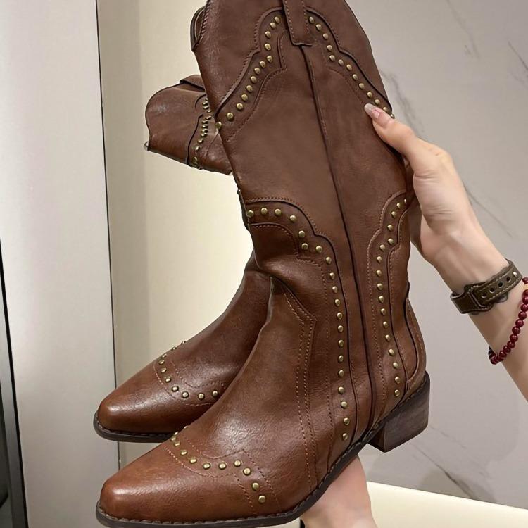 Retro Western Cowboy Boots Women's Summer V-neck Knight Boots Riveted Pointed Breathable Long Tube Boots