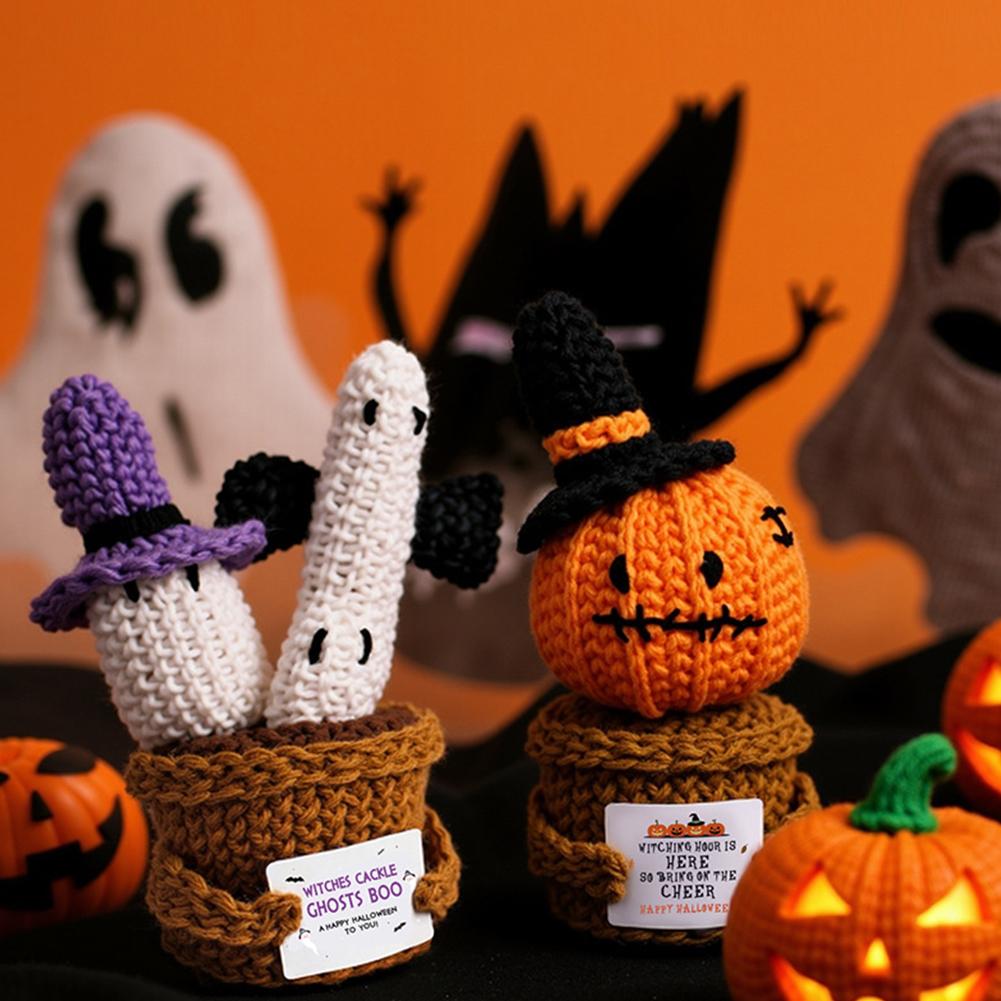 Halloween Knitted Wool Ornaments with Card Crochet Potted Card Doll Handwoven Dolls Figurines for Desktop Home Decoration