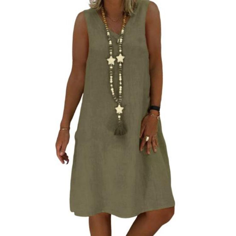 Summer Vacation Beach Dress Lady Sleeveless V Neck A Line Solid Color Knee Length Midi Pullover Vest Dress