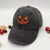 Washed cotton unisex casual baseball cap with embroidered Halloween pumpkin smiley face
