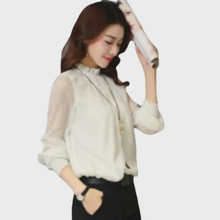 2024 Korean Chiffon Ruffle Top with Stand Collar - Large Size